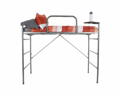 A three-bolt metal bed loft with a pop-out shelf and an orange and white comforter 