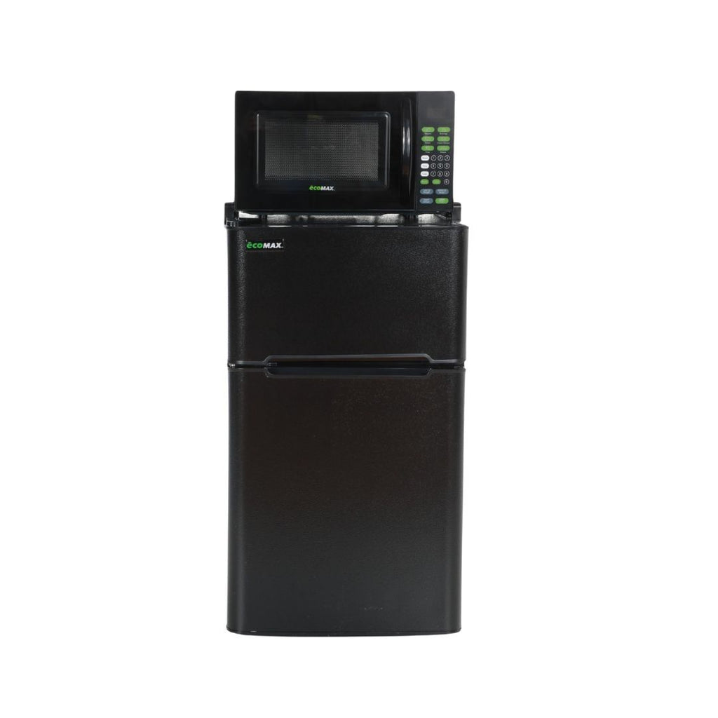 A refrigerator and freezer unit with a microwave on top 
