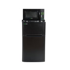 A refrigerator and freezer unit with a microwave on top 