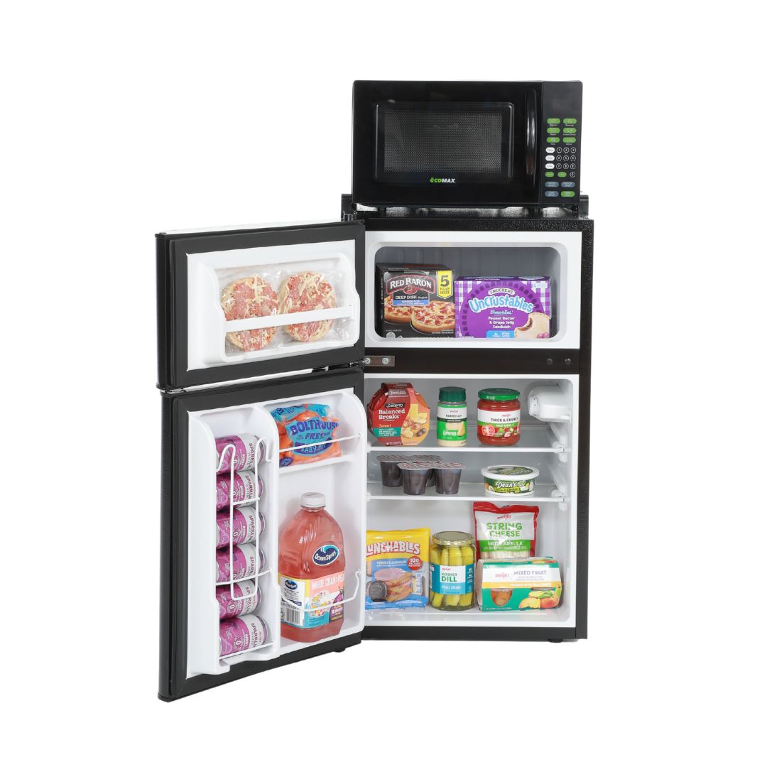 A refrigerator and freezer unit open and full of food with a microwave on top