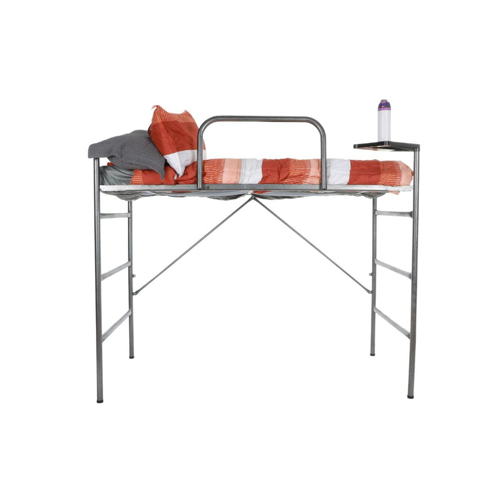 A 3-bolt metal loft with an orange and white comforter and pop-out shelf