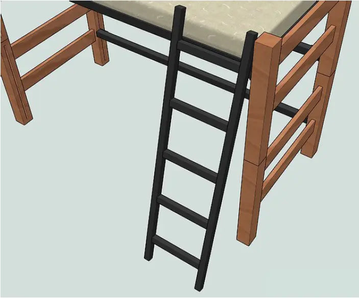 A rendered image of a ladder resting on a wooden bed loft