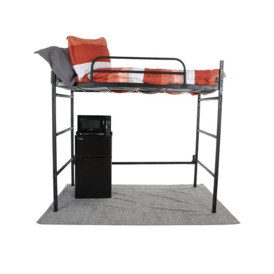 A metal loft with a refrigerator and freezer unit underneath it, sitting on top of a grey rug