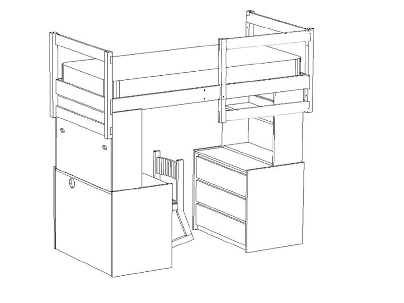 A sketch of a modular bed loft setup with desks and a chair