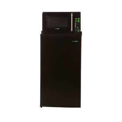 A one-door refrigerator and freezer unit with a microwave on top