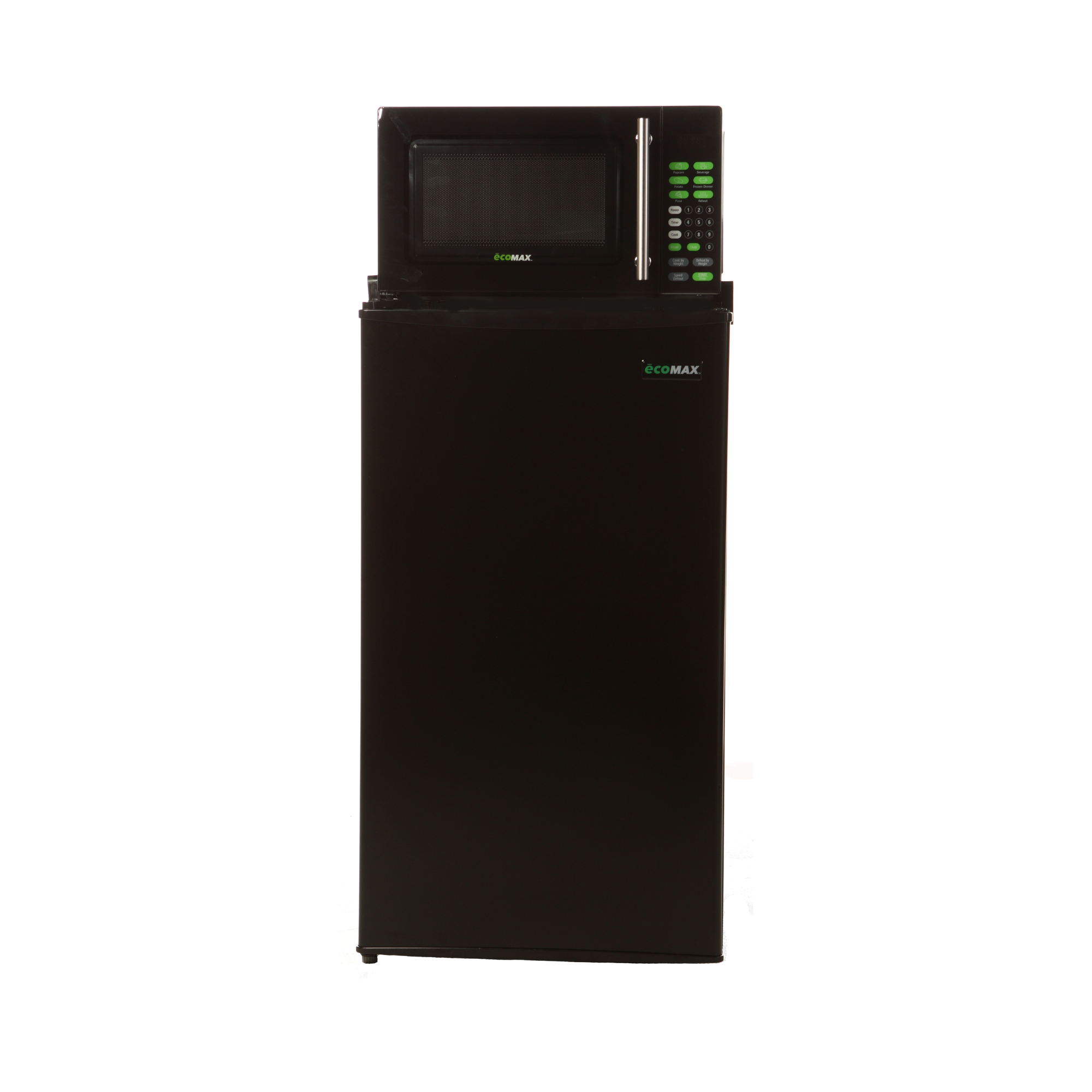 A one-door refrigerator and freezer unit with a microwave on top