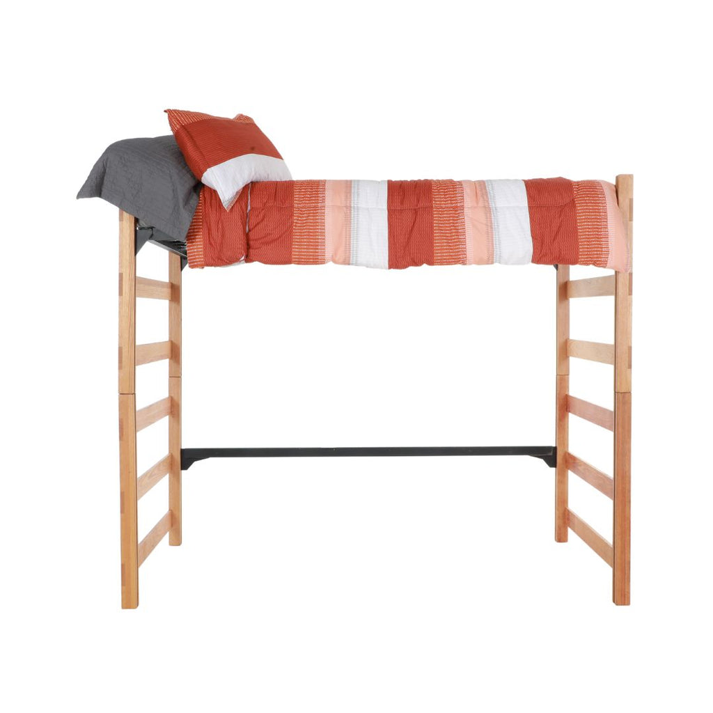 A wooden bed loft with an orange and white comforter