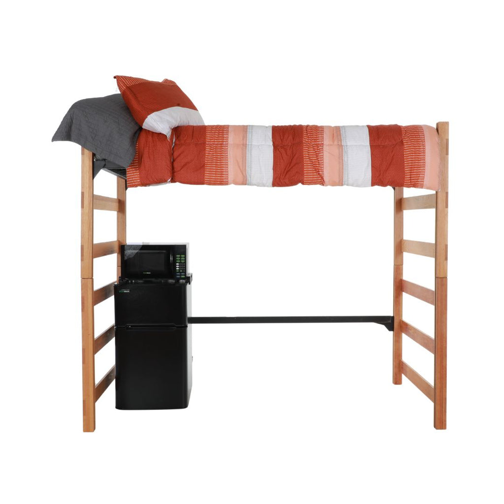 A wooden bed loft with a refrigerator and freezer unit underneath it