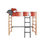 A wooden bed loft with a ladder