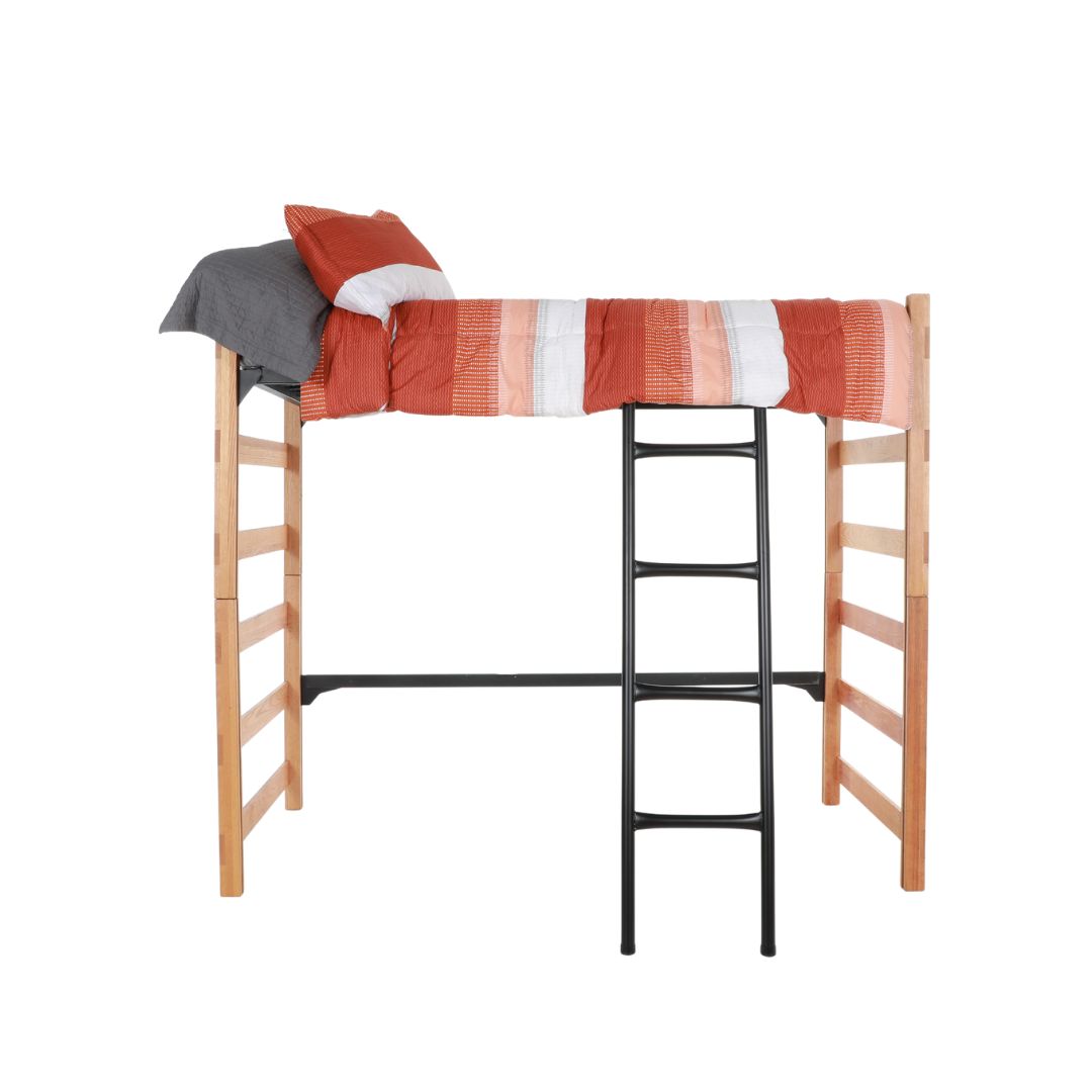 A wooden bed loft with a ladder