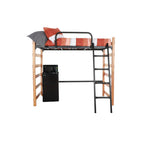 A wooden bed loft with a refrigerator and freezer unit underneath it, equipped with a safety bar and ladder