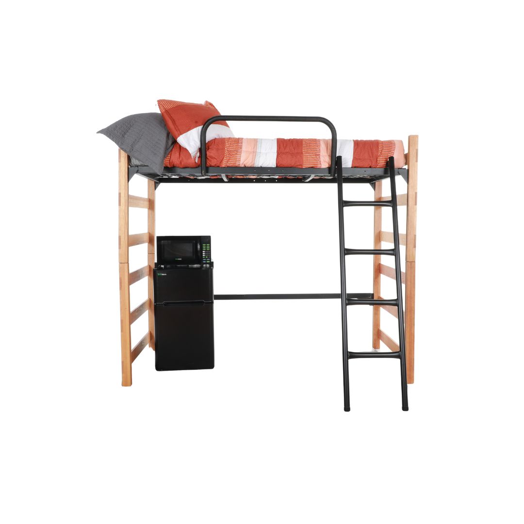 A wooden bed loft with a refrigerator and freezer unit underneath it, equipped with a safety bar and ladder