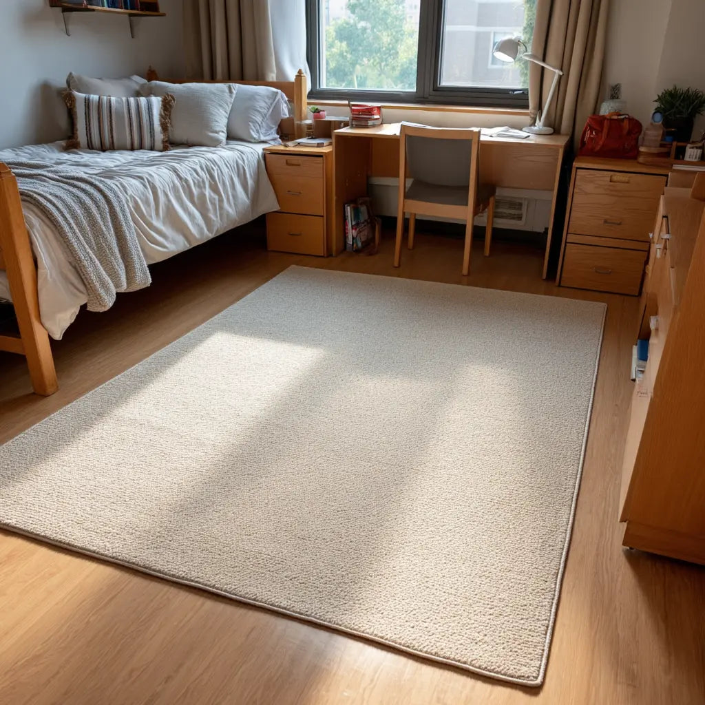 A dorm room setup with wooden furniture and a large rug in a beige color palette