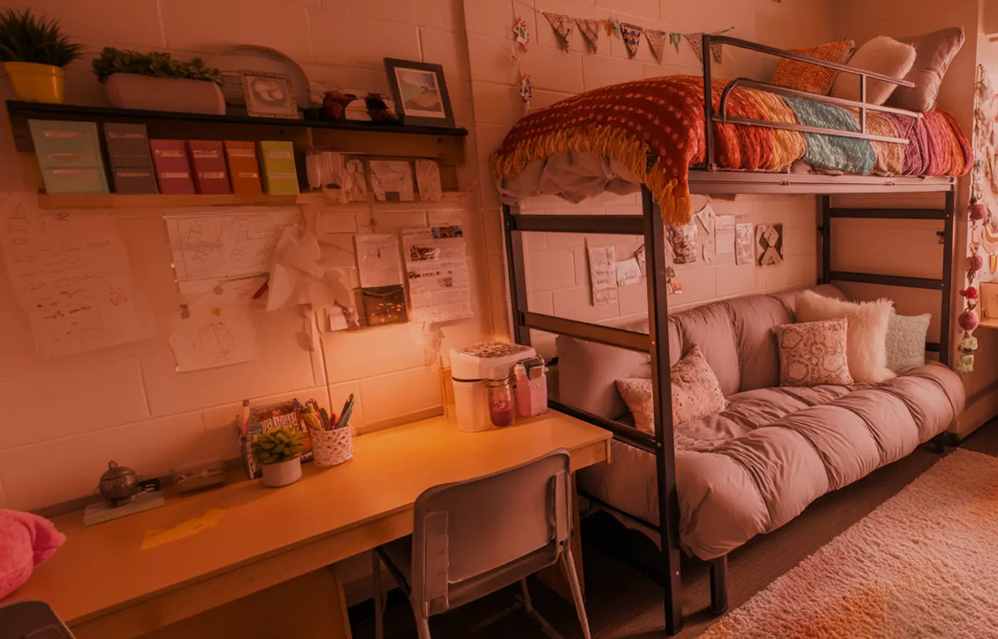 A lofted bed, futon, and desk setup in a dorm with an orange color palette