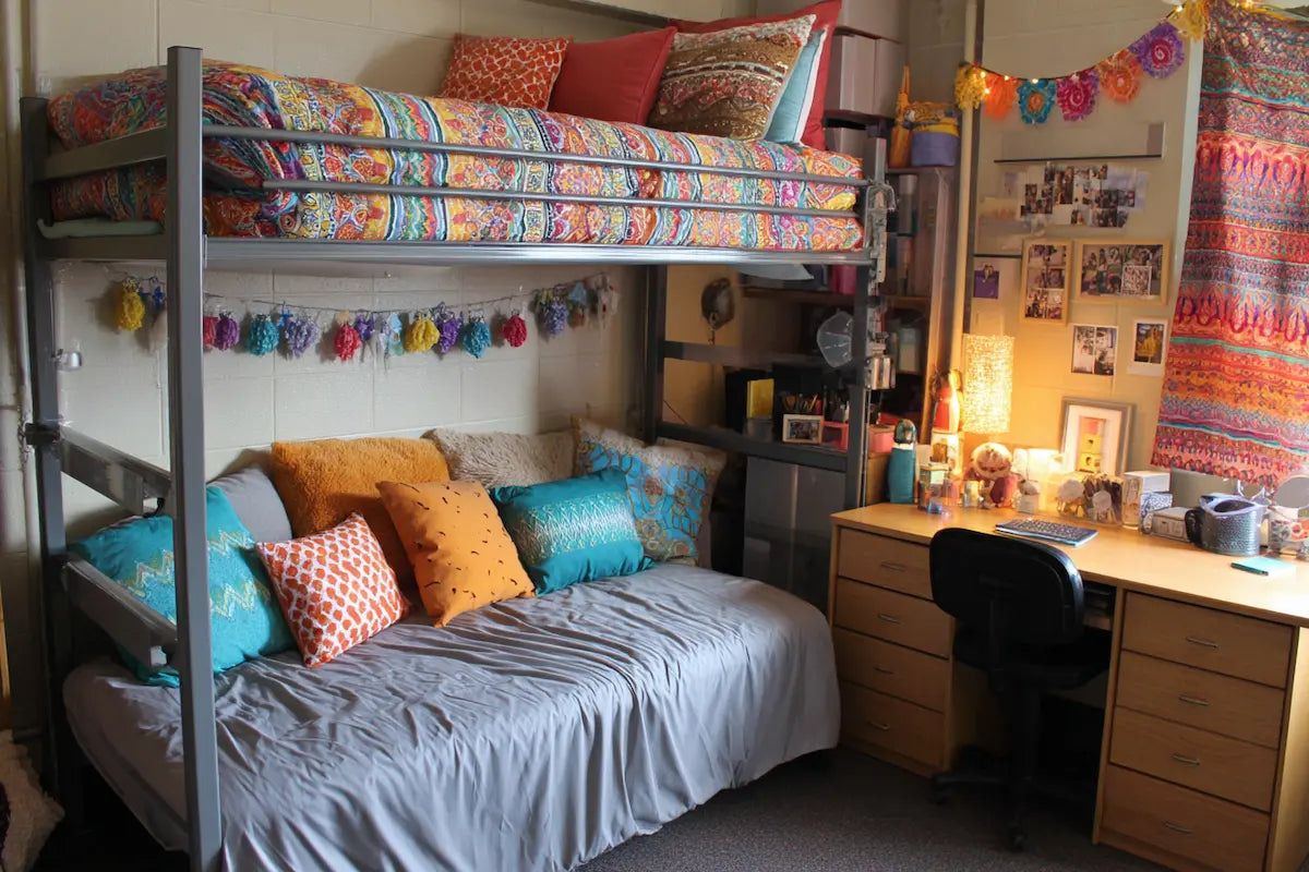 A bunk bed and desk setup in a dorm room with a rainbow color palette