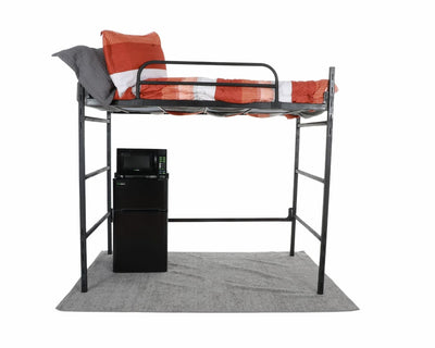 A metal bed loft and a refrigerator and freezer unit situated on top of a grey rug