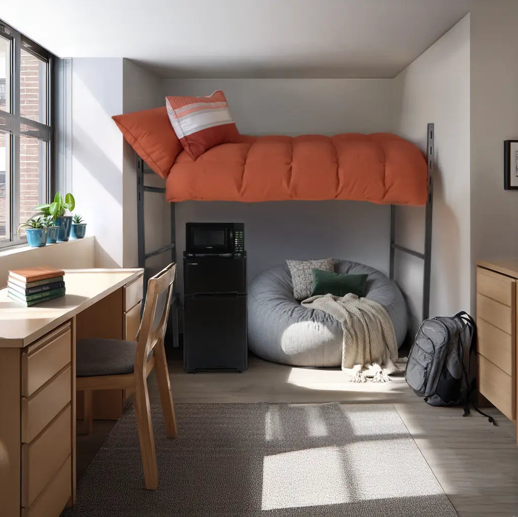 A dorm room setup with a bed loft, desks, and a chair in a grey and orange color palette