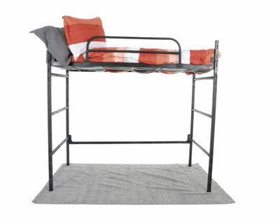 A metal bed loft situated on top of a grey rug