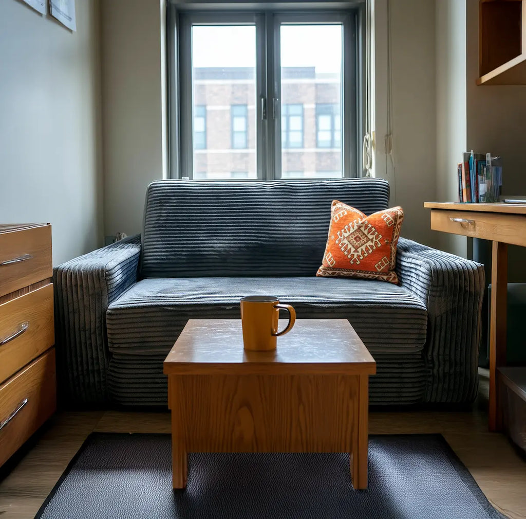 A plush futon sitting in a dorm room with an orange color palette