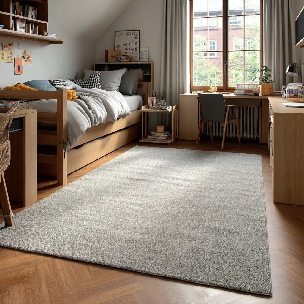 A dorm room setup with a bed loft, desks, and chairs in a grey color palette