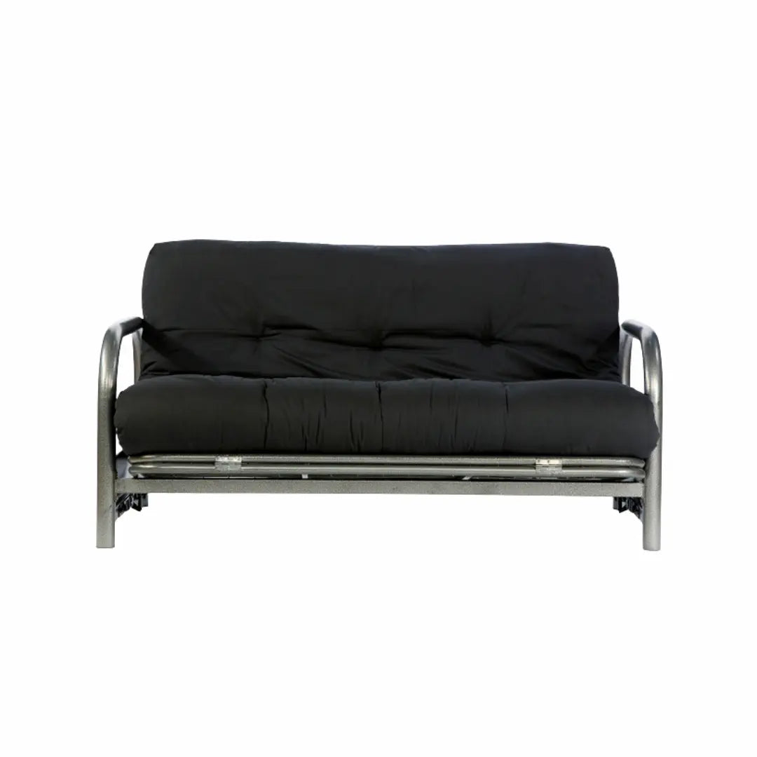 A metal futon in a couch-like position