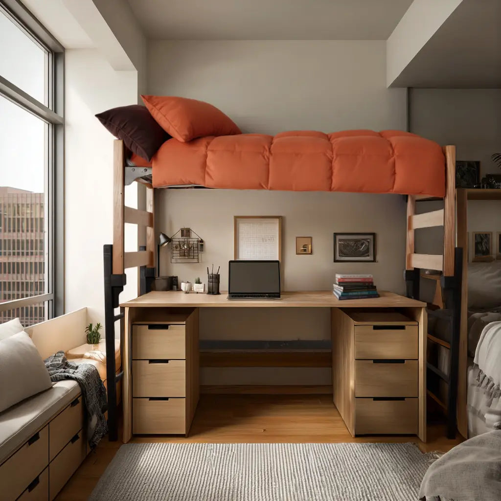 A dorm room setup with a bed loft, desk, and seating in a grey and orange color palette
