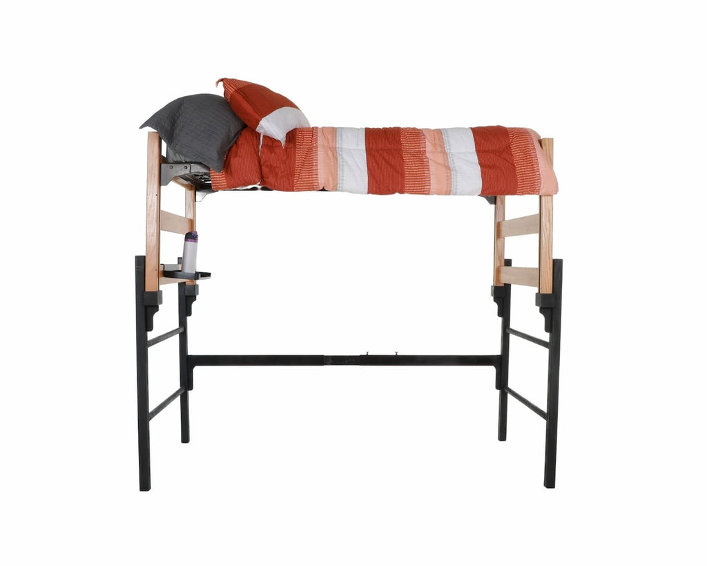 A wooden and metal bed loft with an interior pop-out shelf and orange and white comforter