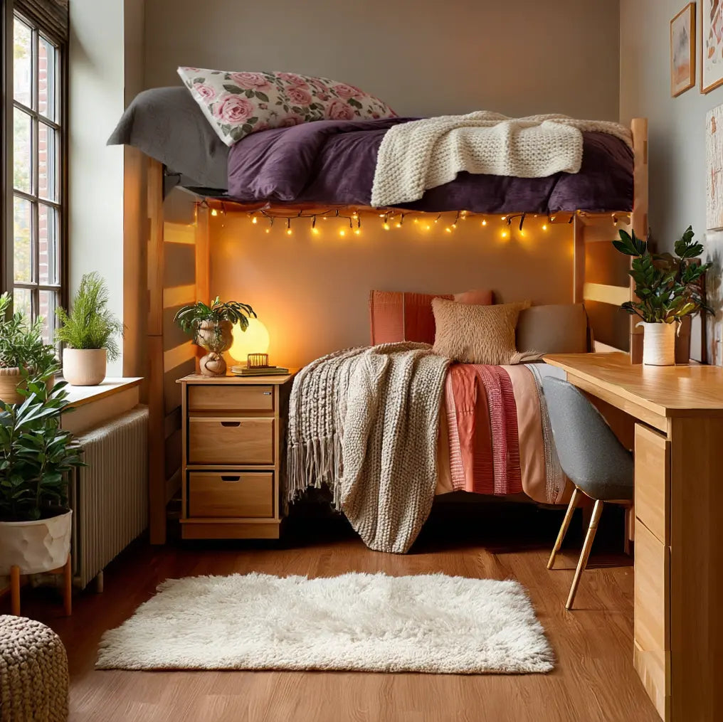 A dorm room setup with a bed loft, desk, plants, and a chair in a pink and purple color palette